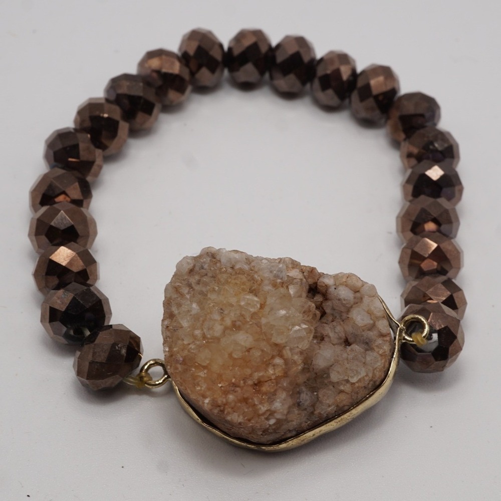 Bronze Glass Bead Stretch Bracelet Raw Druzy Quartz Stone Boho Gold Tone Accent